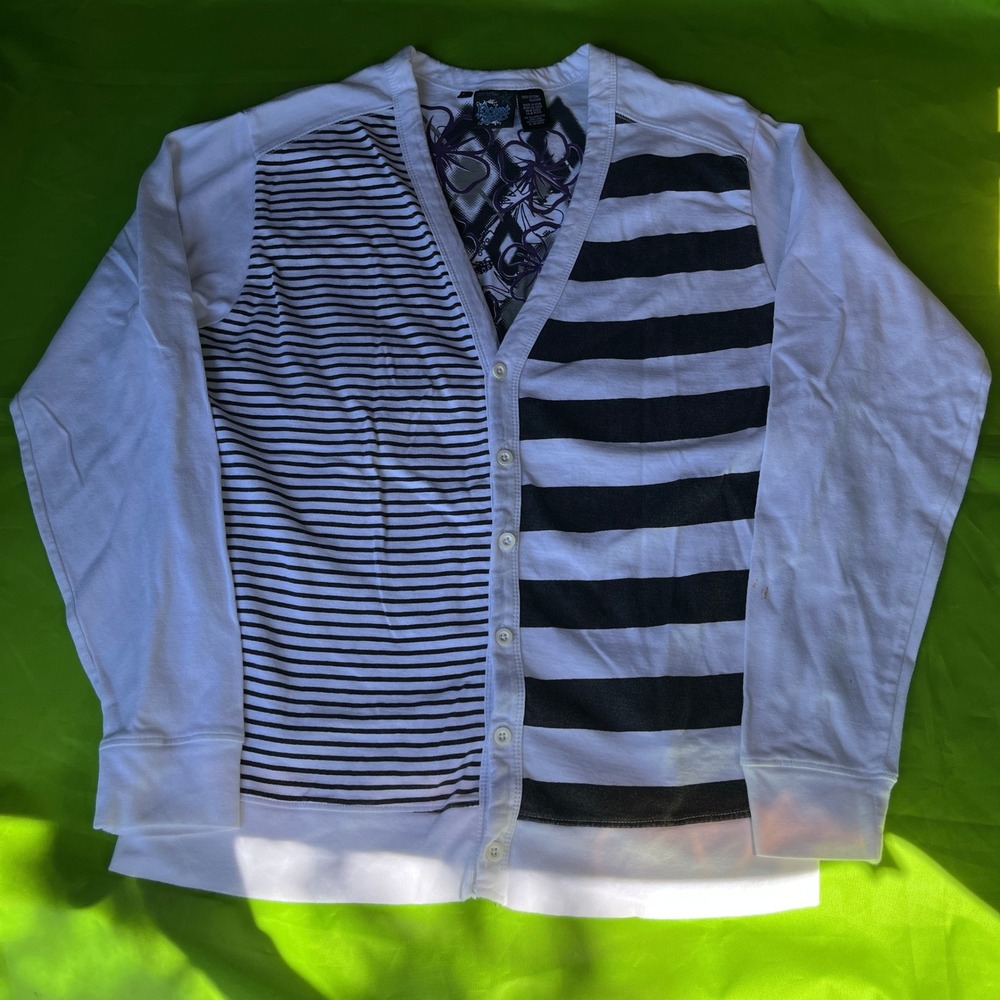 LARGE y2k Point Zero Mens Cardigan White Black Striped Asymmetrical Sweater